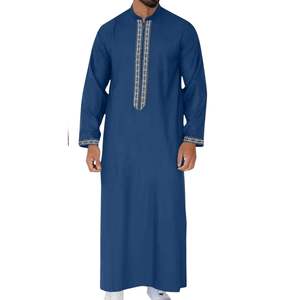 Túnica Musulmana Azul Marino para Hombre, Manga Larga, Cuello Mandarín, Thobe, Jalabiya, Ropa Tradicional de Oriente Medio, Jubba Kandura Moderna - Product Image 1