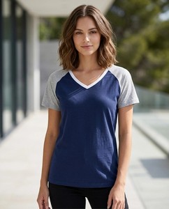 T-shirt à manches raglan et col en V pour femme, en jersey de coton, décontracté, à manches longues, coupe classique - Product Image 6