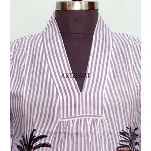 Robe maxi ample pour femme, légère, écologique, en coton respirant et lavable, imprimé palmiers, élégante, col en V, manches 3/4 - Product Image 3