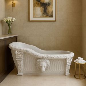 Bañera Independiente de Mármol Tallada a Mano, Ecológica, con Desagüe, Bañera de Lujo para Interiores - Product Image 2