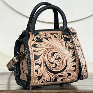 Conjunto de 2 piezas de bolso de cuero genuino hecho a mano con diseño floral vintage y cremallera para mujer, estilo bandolera - Súper Septiembre - Product Image 3