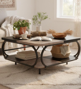 Minimalist Furniture Century Style <b>Walnut</b> Coffee <b>Table</b> Black Metal Frame Modern Living Room Center <b>Table</b> Rectangular Wood Top - Product Image 4