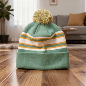 New Children Knitted Hat Fashion Kids <b>Red</b> White Green Striped Acrylic Cold Beanie Fur Ball Travel Beach Birlag Sports - Product Image 2