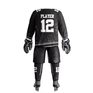 Men's Black Ice Hockey Uniform Set Full Sleeve Sublimated Jersey Pants <b>Gloves</b> Skates <b>Moisture</b> Wicking 100% Polyester Regular Fit - Product Image 2