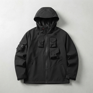 For Vintage Multi Pocket Mens Hooded Windbreaker <b>Jacket</b> OEM Custom Logo Black <b>Techwear</b> Buckled Zip Cargo Softshell <b>Jacket</b> - Product Image 4