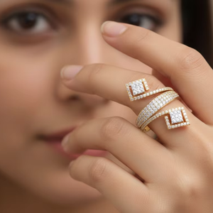 Bague moderne en or, double carrée, à manchette ouverte, géométrique, style bypass, tendance, pour bijoux de fête et de mariage - Product Image 3