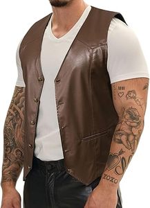Men's <b>Brown</b> PU Leather <b>Vest</b> V-Neck Single Breasted Casual Outerwear Autumn Solid Color Button Closure Regular Length - Product Image 2
