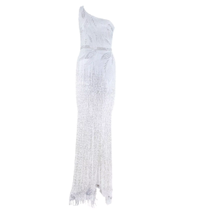 Robe de mariée blanche asymétrique à sequins pour femme, élégante, ornée de perles et de franges, longue jusqu'au sol, pour réception nuptiale et fiançailles - Product Image 3