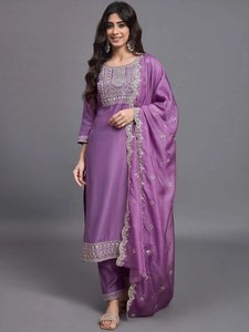 Purple Silk <b>Kurta</b> Pant Set with Embroidery Work and Dupatta for Women Traditional <b>Indian</b> Pakistani Wear - Product Image 1