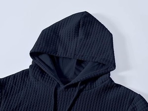 Men's <b>Navy</b> Blue Hooded Waffle Knit <b>Sweatshirt</b> Regular Fit Casual Autumn Pullover Long Sleeve Solid Color Hoodie - Product Image 4