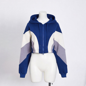 Women's Color Blocked Cropped Hoodie Full Sleeve <b>Zipper</b> Hooded Sweatshirt Casual Autumn Knitted Polyester Cotton <b>Top</b> - Product Image 1