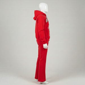 Custom <b>Wholesale</b> Mens Red Puff Print Zip Up Hoodie <b>Flare</b> <b>Sweatpants</b> Set Heavyweight Fleece Streetwear Tracksuit 2 Piece Outfits - Product Image 3
