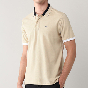 Camisa Elegante y Sofisticada para Hombre, Color Caqui Blanco Sólido, Manga Corta, Cuello de Punto Acanalado, Solapa Bordada, 100% Algodón - Product Image 1