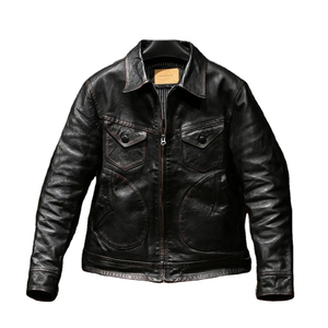 Veste moto en cuir véritable pour homme, col rabattu, fermeture éclair, couleur unie, coupe classique, pour l'automne - Product Image 1