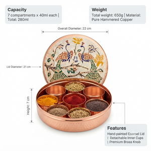 Caja de Especias de Cobre Hecha a Mano con Diseño de Pavo Real, 7 Recipientes para Especias, Organizador de Cocina, Venta al Por Mayor OEM - Product Image 5