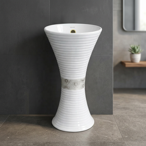Ensemble de lavabo Wudu monobloc en céramique Kolan, carré, jaune et blanc, à poser sur socle, pour centre commercial - Product Image 1
