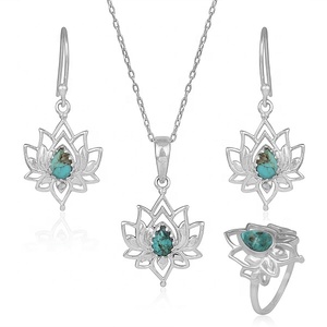 Pendientes colgantes de flor de loto turquesa tibetana natural, joyería étnica bohemia de plata de ley 925, pendientes de piedras preciosas para mujer - Product Image 3
