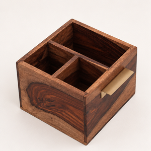 Handcrafted Sheesham Wood Cutlery Holder With Brass Handles 4-Compartment Multi-Purpose <b>Kitchen</b> Organizer Dining Table <b>Caddy</b> - Product Image 1