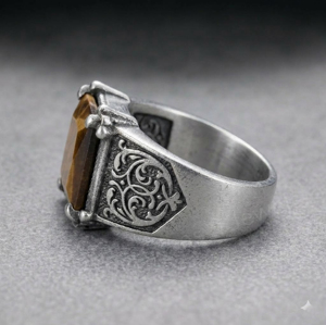 <b>925</b> Sterling <b>Silver</b> Men's <b>Ring</b> With Square Natural Tiger Eye Stone Geometric Vintage Design Prong Setting Everyday Wear Jewelry - Product Image 2