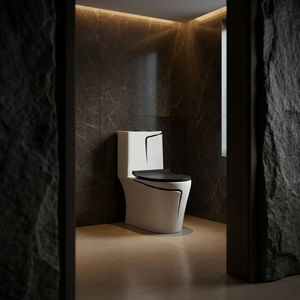 Inodoro de una Pieza Contemporáneo en Color Blanco con Asiento Negro y Descarga de Doble Flujo con Sifón - Product Image 6
