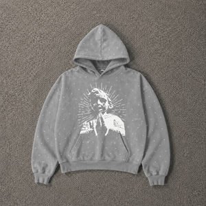 <b>Grey</b> Rhinestone Graphic Hoodie Bee Artwork Oversized Streetwear Pullover Washed Cotton <b>Sweatshirt</b> Unisex Vintage Casual Winter - Product Image 5