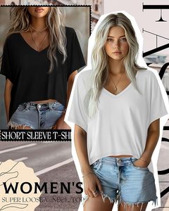 Camiseta Corta de Mujer con Cuello en V y Hombros Caídos, Color Sólido, Manga Corta, Corte Holgado, Estilo Casual para Primavera/Verano - Product Image 2
