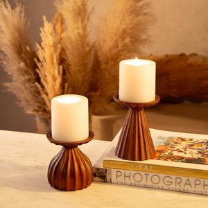 Handcrafted Wooden Candle Holders with Pillar Candles, Rustic Brown Decorative Candle Stand for Living Room, Dining <b>Table</b> - Product Image 1