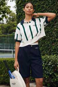 <b>Striped</b> <b>Polo</b> <b>Shirt</b> White Green Color Blocked Navy Collar Short Sleeve Sporty Top - Product Image 5