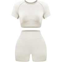 Ensemble de yoga deux pièces, haut court à col rond, short taille haute, couleur unie, sans couture, spandex, polyester, vêtements de sport