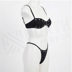 Ensemble bikini noir à strass pour femme, haut bandeau et bas string, maillot de bain deux pièces uni extensible - Product Image 3