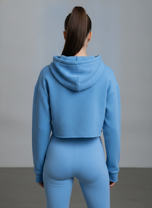 Women's Cropped Hoodie Blue Letter Print Sweatshirt Regular Sleeve Knitted Cotton Autumn Wear - Product Image 5