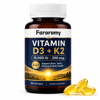 Gélules de Vitamine D3 K2 MK7 à Marque Blanche Personnalisée 10000 UI 200mcg Huile de Graines de Tournesol 90 Capsules Molles