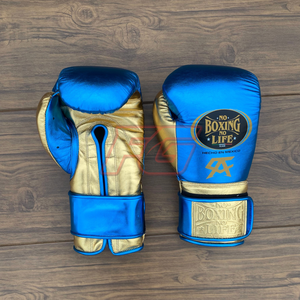 Guantes de Boxeo Azules y Dorados Personalizados para Entrenamiento y Sparring, de Cuero Genuino, que Absorben la Humedad y se Secan Rápidamente, para Gimnasio y Combate - Product Image 6