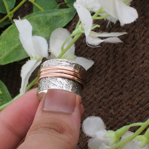 Wholesale Shree Jaipur Silver 925 Sterling Silver Mixed Metal Classic <b>Spinner</b> <b>Ring</b> Handmade Textured Tree Bark Copper Brass Band - Product Image 2