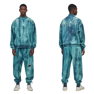Ensemble de jogging pour homme en molleton délavé bleu sarcelle, effet usé et taches de blanchiment, style streetwear - Product Image 3
