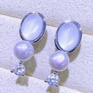 French Tiger Eye Stone White Butterfly Shell Retro Freshwater Pearl Single Zirconium Circular Geometric <b>Fine</b> <b>Dangle</b> <b>Earrings</b> - Product Image 4