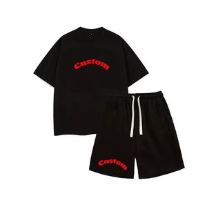 Men's Summer Casual Cotton T-<b>Shirt</b> Set With <b>Red</b> Custom Print Black Shorts Breathable Knitted Wear - Product Image 1
