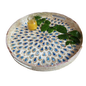 Mosaic Inlaid <b>Tray</b>, Round Mother of Pearl Inlaid Serving <b>Tray</b>, Luxury Blue Teardrop & Leaf Pattern Decorative <b>Tray</b> with Handles - Product Image 4