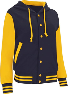 Chaqueta Varsity con Capucha para Mujer, Color Azul Marino y Amarillo, Diseño de Bloques de Color en Contraste, Manga Larga, Transpirable, Estilo Preppy, Invierno - Product Image 3