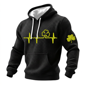 เสื้อฮู้ดดี้วาฟเฟิลสีดำสำหรับผู้ชาย พร้อมลายปักรูปใบโคลเวอร์สีเขียว ECG ที่ด้านหน้าและแขนเสื้อ สวมใส่สบายๆ ในฤดูใบไม้ผลิ - Product Image 2