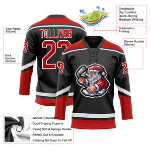 Camiseta de Hockey sobre Hielo Personalizada Hockey Santa, Verde y Negra, Cuello en V, Impresión Sublimada, Unisex para Adultos, Manga Tres Cuartos, Malla de Poliéster - Product Image 6