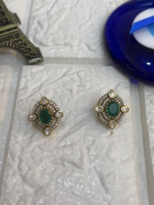 Vintage Gold Plated <b>Stud</b> <b>Earrings</b> With Green <b>Crystal</b> And Rhinestone Bezel Setting Geometric Design Women's Everyday Wear jewelry - Product Image 4