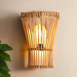 Boho round <b>wall</b> <b>sconce</b> handcrafted natural rattan light fixture <b>sconces</b> for hallway living room - Product Image 2