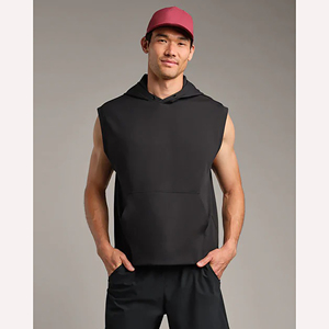 Sudadera con Capucha sin Mangas para Hombre, de Poliéster Tejido, Color Negro Sólido, con Bolsillo, Corte Regular, Secado Rápido, para Otoño - Product Image 3
