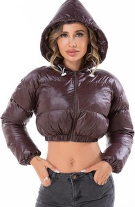 Women's Cropped <b>Quilted</b> Puffer <b>Jacket</b> With Hood Full Sleeve Winter Warm Coat Solid Color Zipper Closure - Product Image 3
