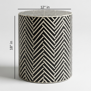 Table d'appoint ronde en métal industriel noir et blanc avec incrustation, motif chevron fait main, tabouret d'appoint pour la décoration de l'appartement et de la maison - Product Image 2