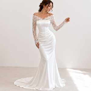 Vestido de Novia Sirena con Hombros Descubiertos, Elegante Vestido de Novia de Satén con Mangas Largas de Encaje, Vestido de Novia de Diseñador, Vestido de Novia Blanco - Product Image 3