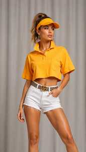 เสื้อโปโลครอปสีเหลืองสำหรับผู้หญิง แขนสั้น สีพื้น ผ้าอ็อกซ์ฟอร์ด ลำลอง ใส่ได้ทั้งฤดูใบไม้ผลิและฤดูร้อน - Product Image 1