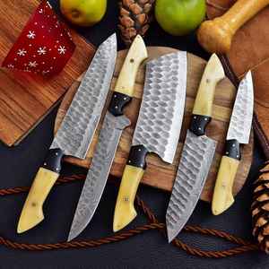 Juego de cuchillos de chef hechos a mano de alta calidad, hechos a medida, de acero de Damasco de alta calidad con mangos de hueso, juego de 5 piezas con funda de cuero. - Product Image 2