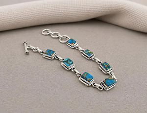 Handmade Blue Copper Turquoise Link <b>Bracelet</b>, Square Gemstone Toggle Southwestern Boho Jewelry - Product Image 1